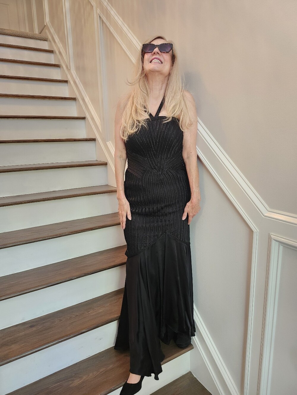 Mieka Stunning Like New Black Beaded Silk/Satin Straped Evening Gown, 40/6 $200 - Picture 8 of 13